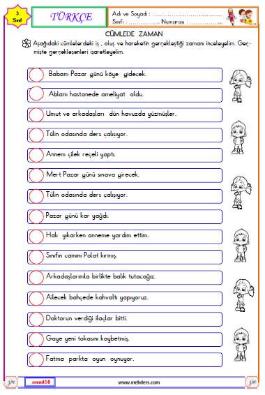 3. Sınıf Türkçe Cümlede Zaman Etkinliği